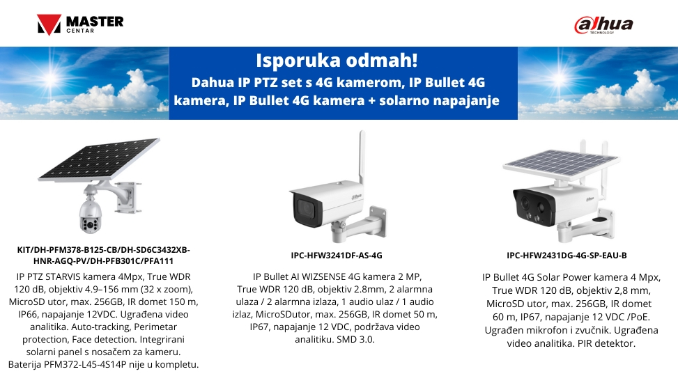 Isporuka odmah!  Dahua IP PTZ set s 4G kamerom, IP Bullet 4G kamera, IP Bullet 4G kamera + solarno napajanje